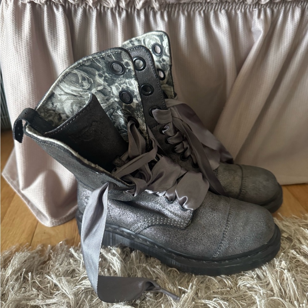 Shiny Silver Fold Top Doc Martens Boots, Size 7